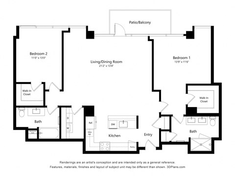 Floor plan for 2 beds, 2 baths, 1339 sqft
